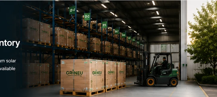 Grineu Solar warehouse with organized solar module inventory and dispatch operations.
