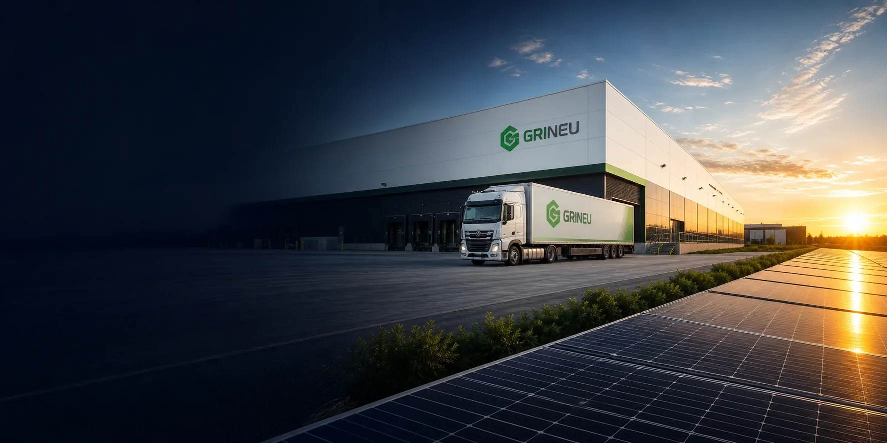 Grineu Solar warehouse, delivery vehicle and solar panels representing logistics operations