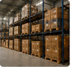 Organised warehouse inventory racks with solar product cartons