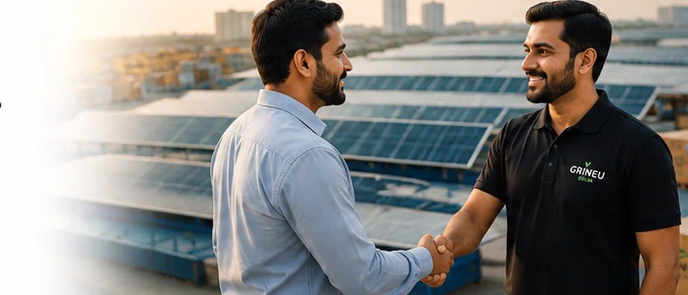 Grineu Solar representative shaking hands with a business partner at a solar project site
