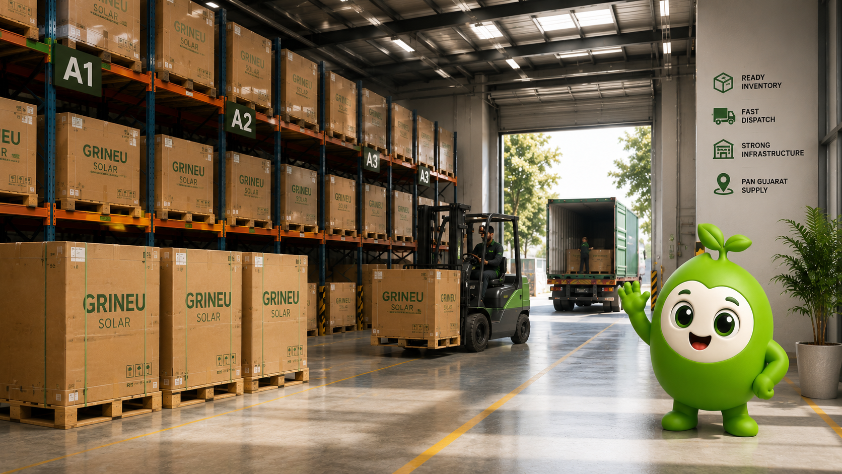 Grineu Solar warehouse with organized solar module inventory and dispatch operations.